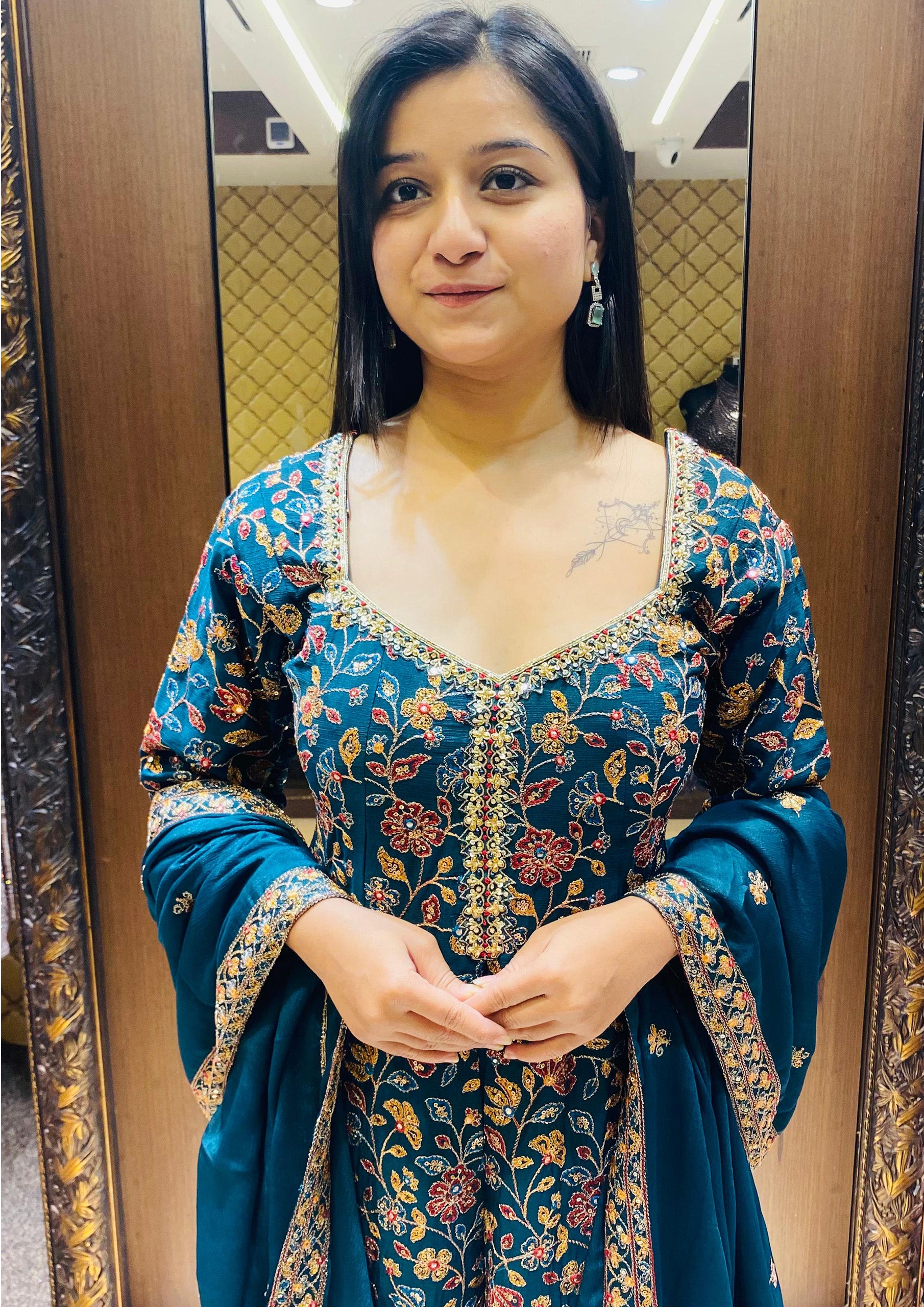 Teal Color Resham Work Chinnon Chiffon Gharara Suit
